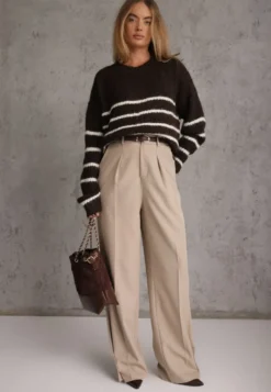 Brązowy Sweter z Wełną Oversize na Zimę w Poziome Paski Ulianna