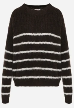 Brązowy Sweter z Wełną Oversize na Zimę w Poziome Paski Ulianna