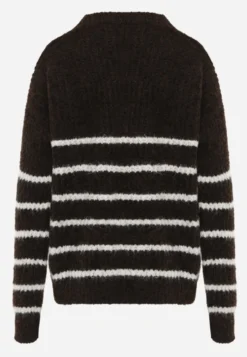 Brązowy Sweter z Wełną Oversize na Zimę w Poziome Paski Ulianna