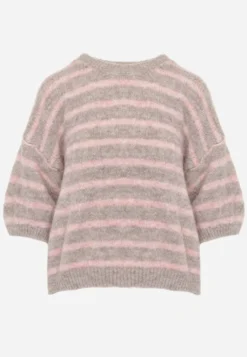 Brązowy Sweter z Wełną Ozdobiony Paskami i Bufiastymi Rękawami Rilesse