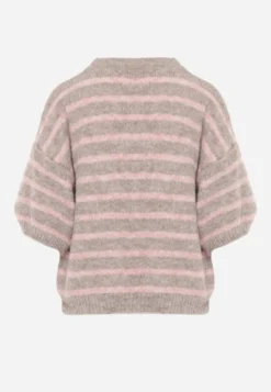 Brązowy Sweter z Wełną Ozdobiony Paskami i Bufiastymi Rękawami Rilesse