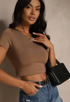 Brązowy T-shirt Cropped z Wiskozą Efranessa