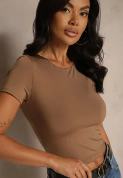 Brązowy T-shirt Cropped z Wiskozą Efranessa