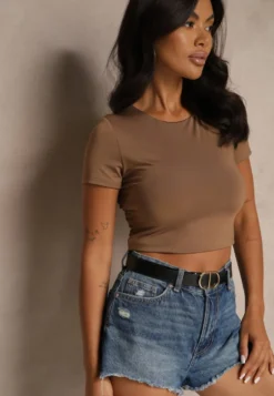 Brązowy T-shirt Cropped z Wiskozą Efranessa