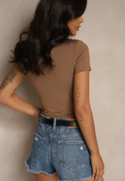 Brązowy T-shirt Cropped z Wiskozą Efranessa