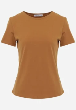 Brązowy T-shirt z Bawełny z Okrągłym Dekoltem Nedima