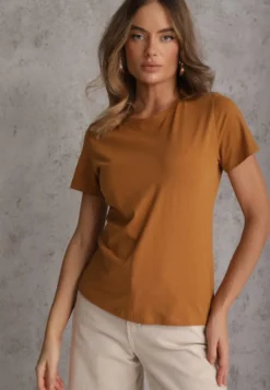 Brązowy T-shirt z Bawełny z Okrągłym Dekoltem Nedima