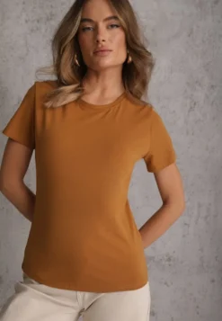 Brązowy T-shirt z Bawełny z Okrągłym Dekoltem Nedima