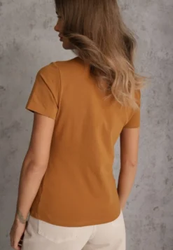 Brązowy T-shirt z Bawełny z Okrągłym Dekoltem Nedima