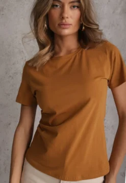 Brązowy T-shirt z Bawełny z Okrągłym Dekoltem Nedima