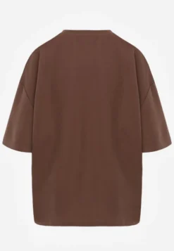 Brązowy Wiskozowy T-shirt Ozdobiony Kwiatami i Perełkami Muvine