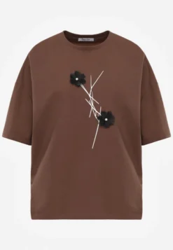 Brązowy Wiskozowy T-shirt Ozdobiony Kwiatami i Perełkami Muvine