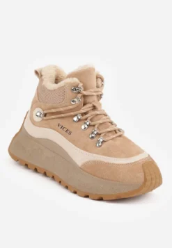 Ciemnobeżoiwe Sneakersy Śniegowce Vices na Platformie w Sportowym Stylu Nelsella
