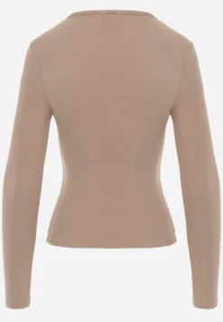 Ciemnobeżowa Bawełniana Bluzka Longsleeve z Prążkowanej Tkaniny z Guziczkami Amandria