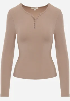 Ciemnobeżowa Bawełniana Bluzka Longsleeve z Prążkowanej Tkaniny z Guziczkami Amandria