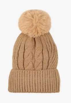 Ciemnobeżowa Czapka Typu Beanie Zdobiona Pomponem i Warkoczowym Splotem Ocieplana Futrem Zenedi