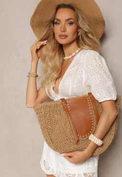 Ciemnobeżowa Jednokomorowa Torebka z Plecionej Rafii w Stylu Boho Idarkia