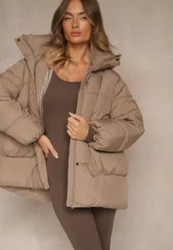Ciemnobeżowa Kurtka Oversize z Pikowanymi Przeszyciami i Kapturem Galeana
