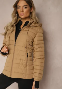 Ciemnobeżowa Kurtka Ozdobiona Pikowaniem Wykończona Sznurkami i Kapturem Mivissa