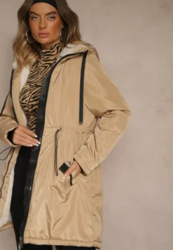 Ciemnobeżowa Kurtka Parka w Stylu Casual Ocieplana Futerkiem Olleania