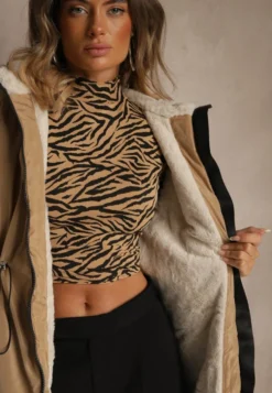 Ciemnobeżowa Kurtka Parka w Stylu Casual Ocieplana Futerkiem Olleania