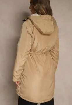 Ciemnobeżowa Kurtka Parka w Stylu Casual Ocieplana Futerkiem Olleania