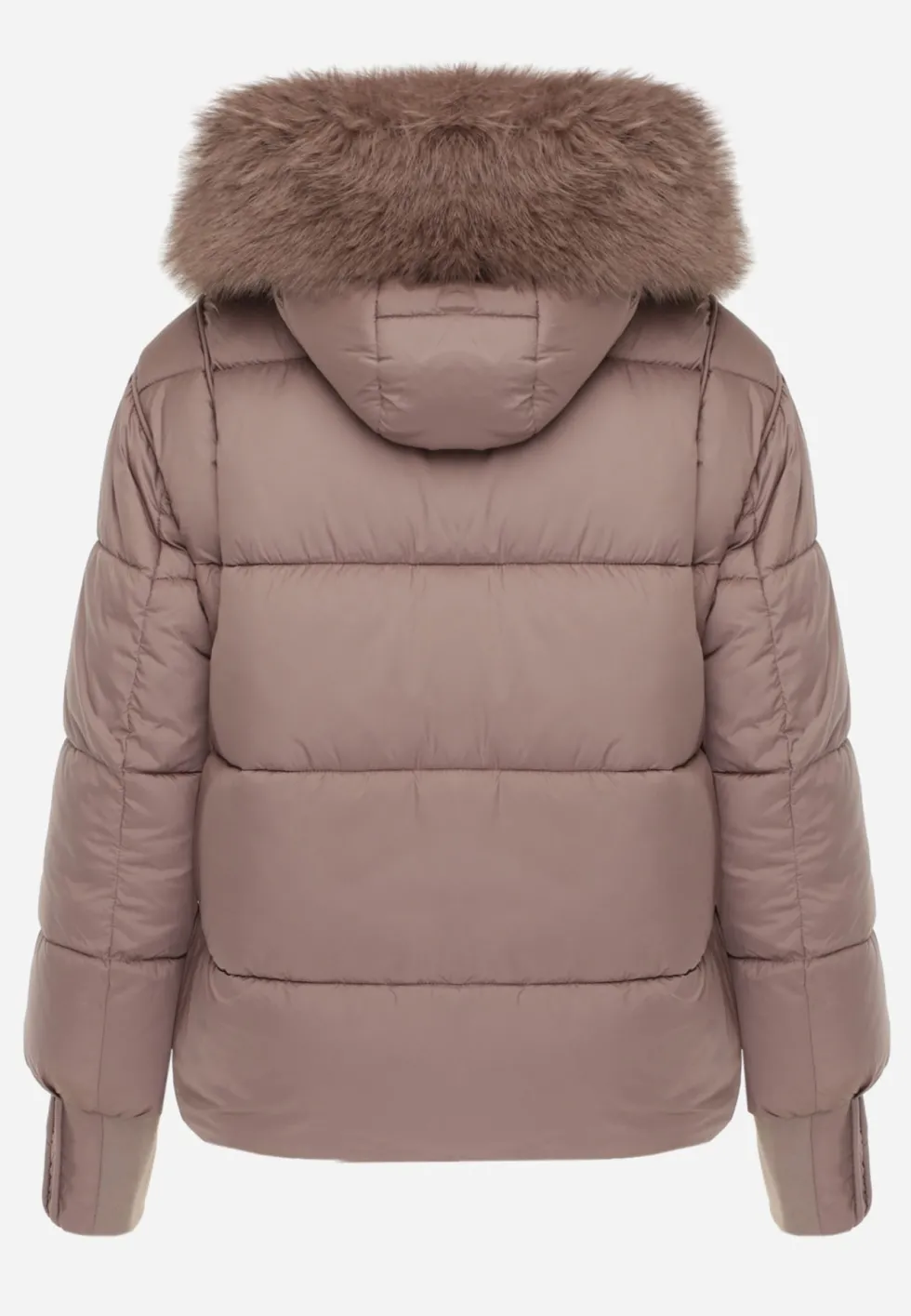 Ciemnobeżowa Kurtka Zimowa z Pikowanymi Przeszyciami i Kapturem z Futerkiem Cestia