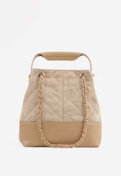 Ciemnobeżowa Torebka Bucket Bag z Przeszyciami w Romby z Rączką i Uchwytami z Łańcuszkiem Denidora