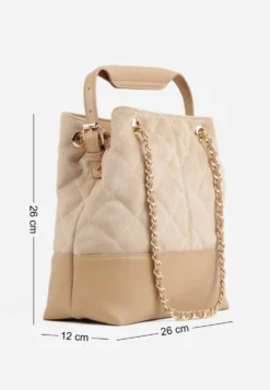 Ciemnobeżowa Torebka Bucket Bag z Przeszyciami w Romby z Rączką i Uchwytami z Łańcuszkiem Denidora