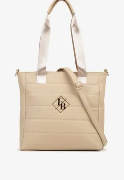 Ciemnobeżowa Torebka Typu Shopper z Paskiem Crossbody i Aplikacją Zdobiona Pikowaniem Fleomira