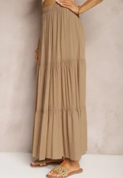Ciemnobeżowa Wiskozowa Spódnica High Waist z Gumką w Talii i Falbanką Christiara