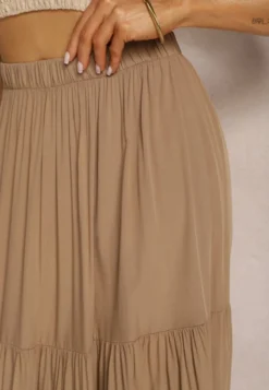 Ciemnobeżowa Wiskozowa Spódnica High Waist z Gumką w Talii i Falbanką Christiara