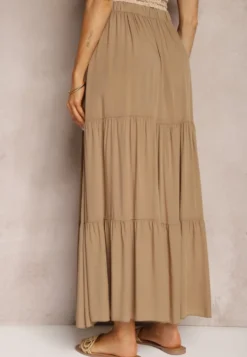 Ciemnobeżowa Wiskozowa Spódnica High Waist z Gumką w Talii i Falbanką Christiara