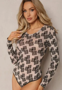 Ciemnobeżowe Body z Siateczki w Geometryczny Print Loreali
