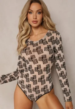 Ciemnobeżowe Body z Siateczki w Geometryczny Print Loreali