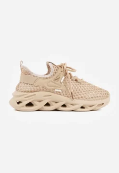 Ciemnobeżowe Buty Sportowe Sneakersy na Platformie Ozdobionej Tłoczeniem Teliriella