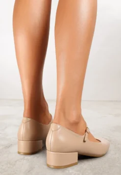 Ciemnobeżowe Czółenka na Słupku Mary Jane Ozdobione Paskami Omevira