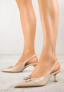 Ciemnobeżowe Czółenka Sandały Vices na Kaczuszce Typu Slingback Ozdobione Metaliczną Aplikacją Lilarunea