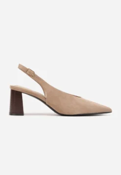 Ciemnobeżowe Czółenka Slingback o Fakturze Zamszu na Słupkowym Obcasie Facena