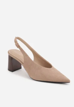 Ciemnobeżowe Czółenka Slingback o Fakturze Zamszu na Słupkowym Obcasie Facena