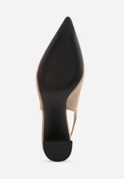 Ciemnobeżowe Czółenka Slingback o Fakturze Zamszu na Słupkowym Obcasie Facena