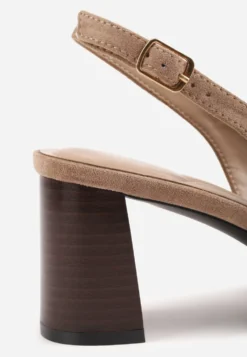 Ciemnobeżowe Czółenka Slingback o Fakturze Zamszu na Słupkowym Obcasie Facena