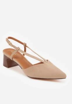 Ciemnobeżowe Czółenka Slingback VICES z Imitacji Zamszu na Klockowym Obcasie Adophaia