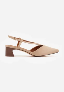 Ciemnobeżowe Czółenka Slingback VICES z Imitacji Zamszu na Klockowym Obcasie Adophaia