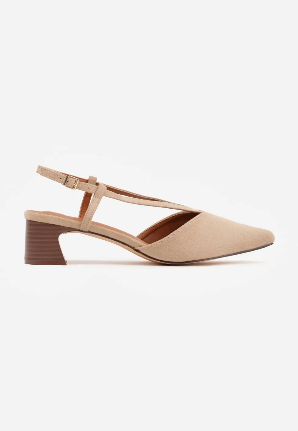 Ciemnobeżowe Czółenka Slingback VICES z Imitacji Zamszu na Klockowym Obcasie Adophaia