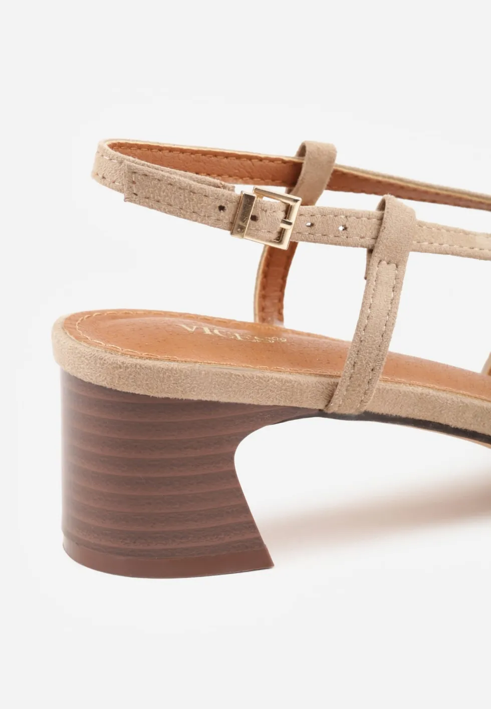Ciemnobeżowe Czółenka Slingback VICES z Imitacji Zamszu na Klockowym Obcasie Adophaia