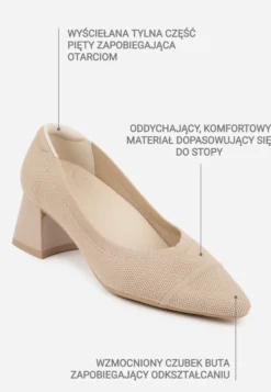 Ciemnobeżowe Czółenka VICES na Niskim Obcasie z Elastycznej Dzianiny z Amortyzującą Wkładką Zaehira