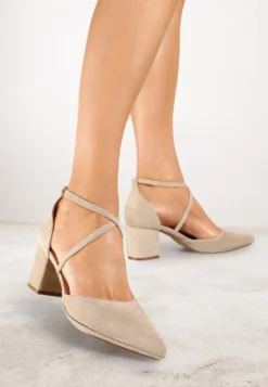 Ciemnobeżowe Czółenka Vices na Słupku z Wkładką ze Skóry Naturalnej i Ozdobnymi Paskami Lizzetta