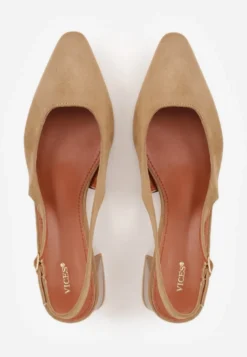 Ciemnobeżowe Czółenka VICES Slingback na Geometrycznym Słupku Messeleia