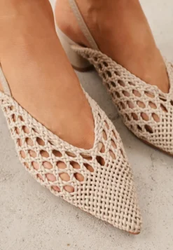 Ciemnobeżowe Czółenka VICES w typie Slingback z Ażurową Plecioną Cholewką na Słupku Chelvianna